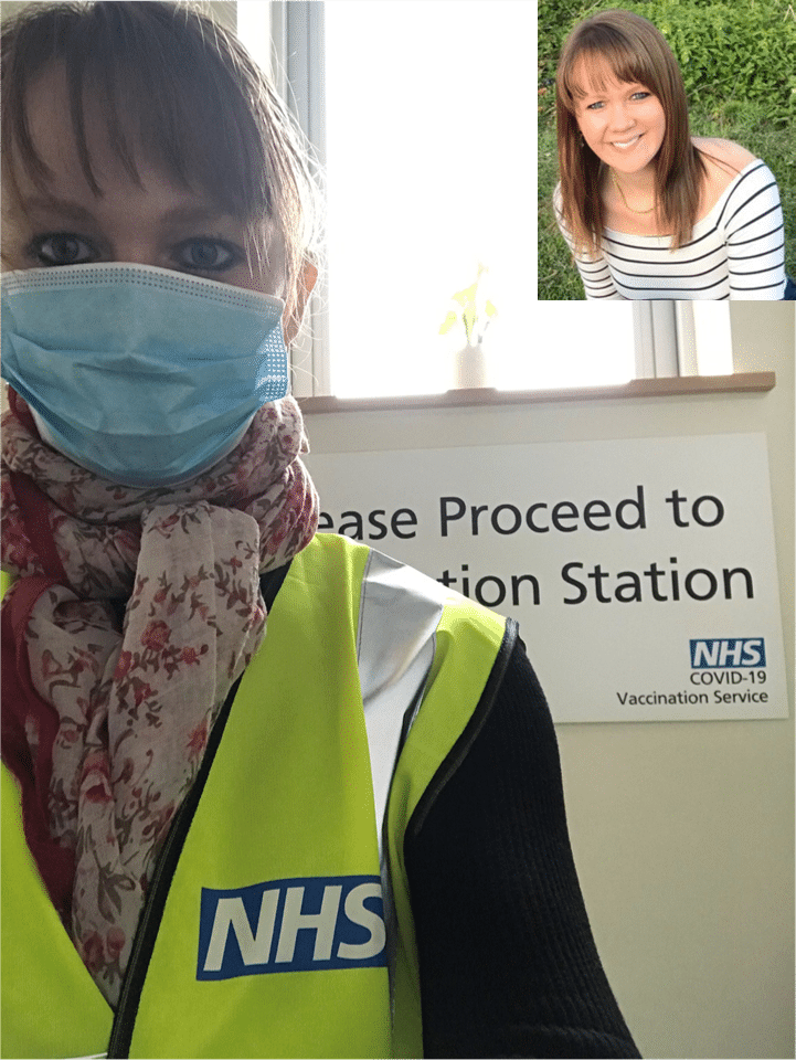 Photo of Lucy Lewis with PPE and without