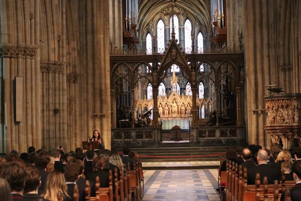 Barnabas Lara Vafiadis speaking in Worcester Cathedral