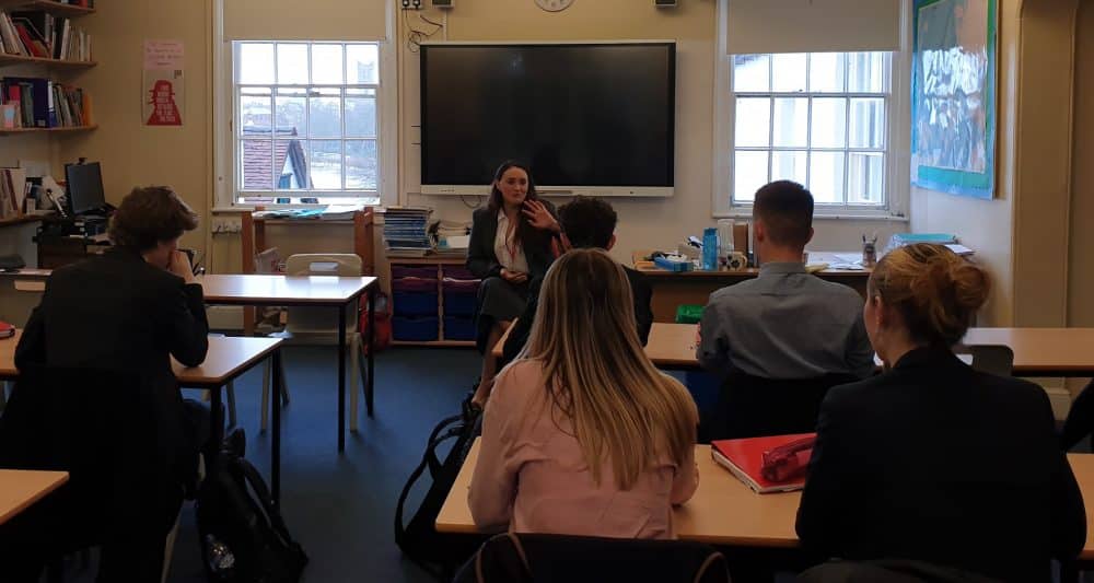 Barnabas Lara Vafiadis speaking with Sixth Form History group