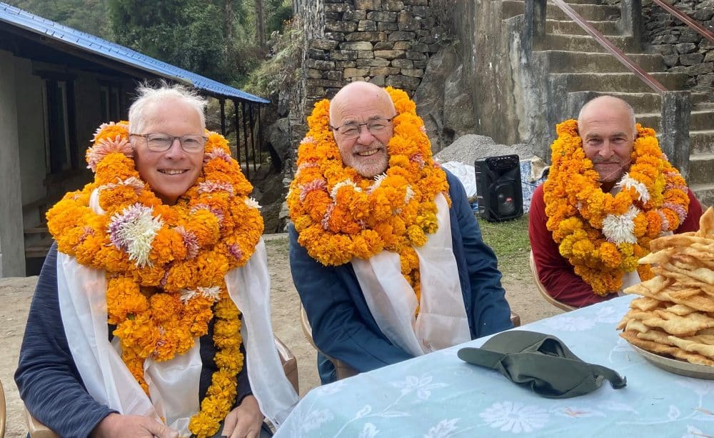 Hon OVs Tim Keyes, John Walton and Andy Guest made welcome at Lungthung Basic School, Taplejung, Nepal 2024
