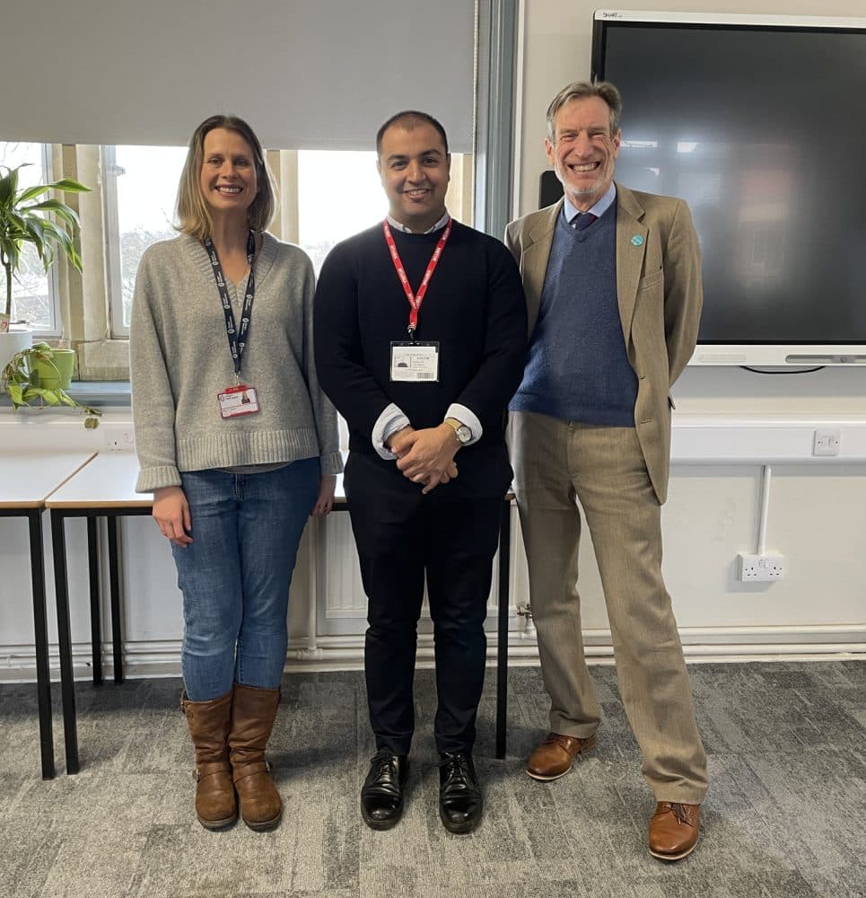 OV Kaushik Rai with Head of Careers Claire Gent, and History teacher Tom Sharp Feb 2026