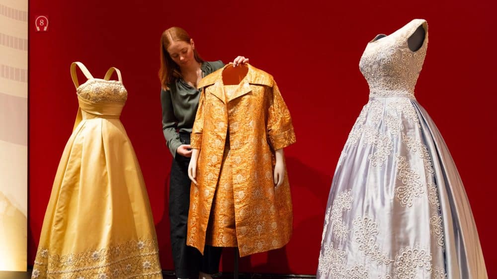 OV Lara Drew with Queen exhibit dresses © Royal Collection Enterprises Limited 2026 | Royal Collection Trust